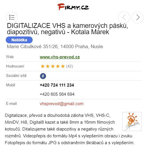 Hodnocení a zkušenost reference SEZNAM FIRMY digitalizace VHS Marek Kotala